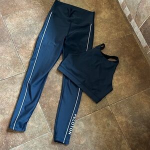 Peloton Blue Leggings and Blue Sports Bra Set with White Piping